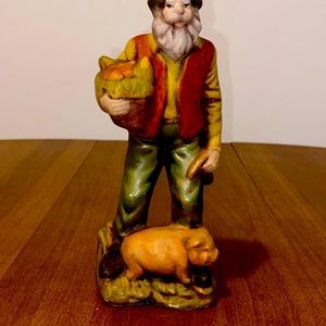 Vintage Ceramic Old Man Carrying Basket Of Vegetables With Pig Figurine